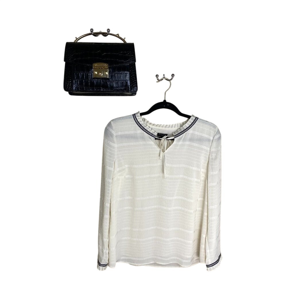 Talbots Ivory Striped Long Sleeve Blouse Ruffle‎ Neck Tie Front Navy Trim Top